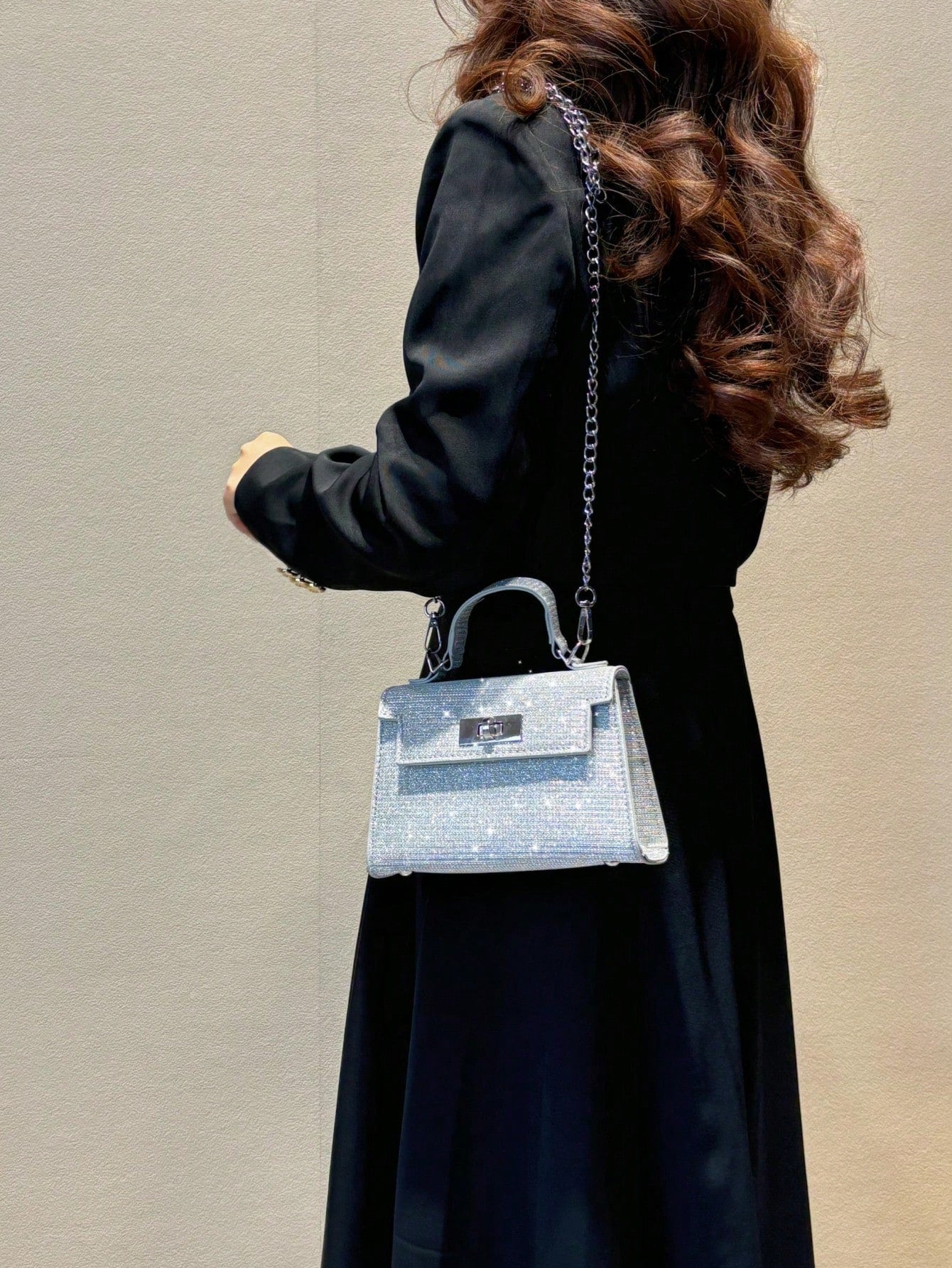1pc Glossy PU Material Women's Handbag, European And American Fashion Sparkling Chain Strap Shoulder Bag, Suitable For Party And Daily Use