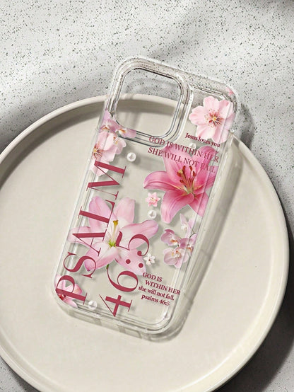 1pc God Is With Her Pink Floral Aesthetic Pattern Air Cushion Shockproof Phone Case, Compatible With IPhone 17/16/11/12/13/14/15/15 Pro/15 Plus/15 Pro Max/7 Plus/8 Plus/X/Xs Max/Xr, Galaxy A56/55/54/5