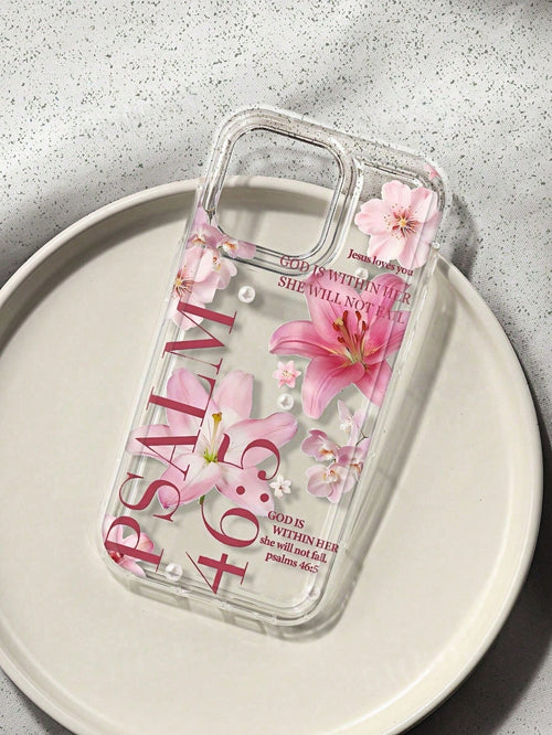 1pc God Is With Her Pink Floral Aesthetic Pattern Air Cushion Shockproof Phone Case, Compatible With IPhone 17/16/11/12/13/14/15/15 Pro/15 Plus/15 Pro Max/7 Plus/8 Plus/X/Xs Max/Xr, Galaxy A56/55/54/5