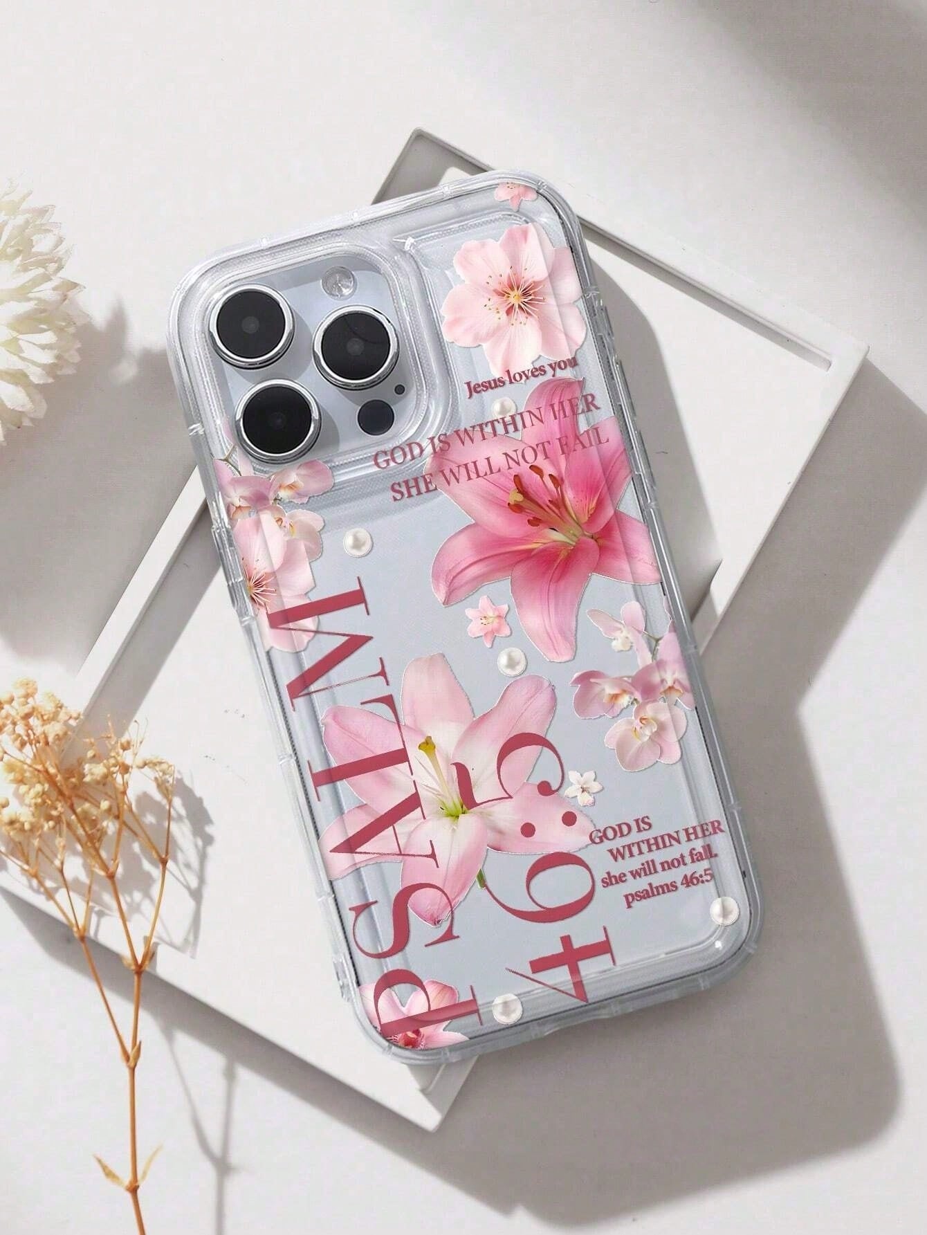 1pc God Is With Her Pink Floral Aesthetic Pattern Air Cushion Shockproof Phone Case, Compatible With IPhone 17/16/11/12/13/14/15/15 Pro/15 Plus/15 Pro Max/7 Plus/8 Plus/X/Xs Max/Xr, Galaxy A56/55/54/5