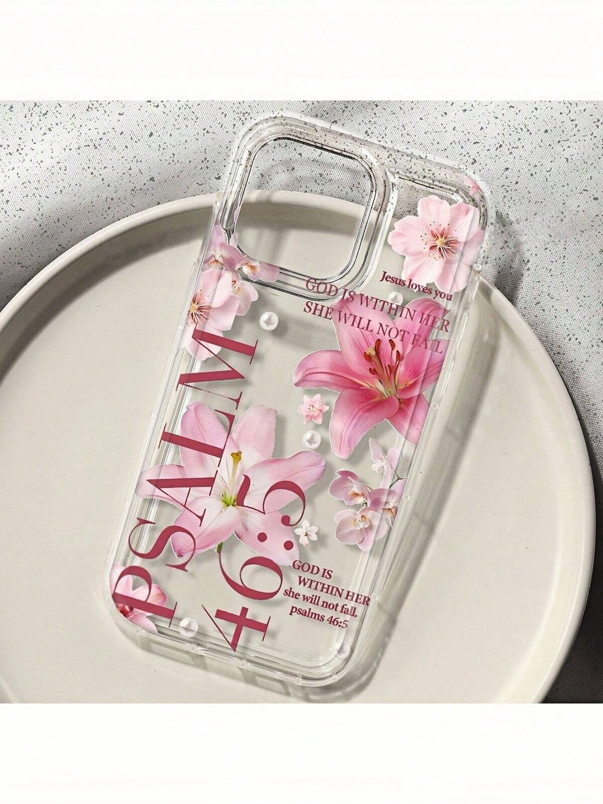 1pc God Is With Her Pink Floral Aesthetic Pattern Air Cushion Shockproof Phone Case, Compatible With IPhone 17/16/11/12/13/14/15/15 Pro/15 Plus/15 Pro Max/7 Plus/8 Plus/X/Xs Max/Xr, Galaxy A56/55/54/5
