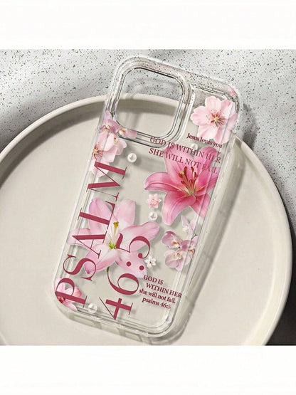1pc God Is With Her Pink Floral Aesthetic Pattern Air Cushion Shockproof Phone Case, Compatible With IPhone 17/16/11/12/13/14/15/15 Pro/15 Plus/15 Pro Max/7 Plus/8 Plus/X/Xs Max/Xr, Galaxy A56/55/54/5