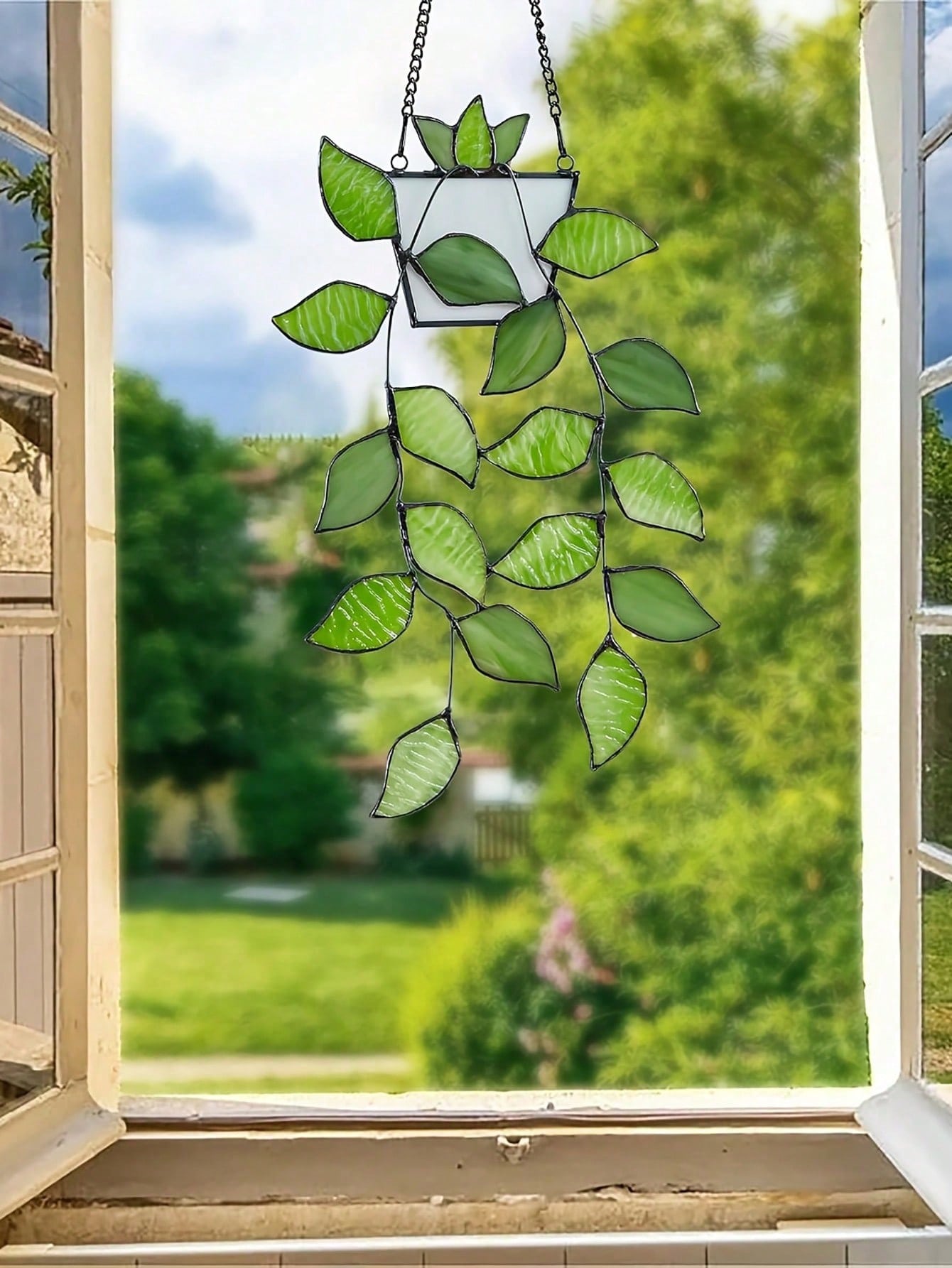 1pc Green Plant Window Suncatcher, Stained Glass Window Hanging, Handcrafted Faux Plant Stained Glass Panel Sun Catcher For Plant Lovers, Unique Home Indoor&Outdoor Decor
