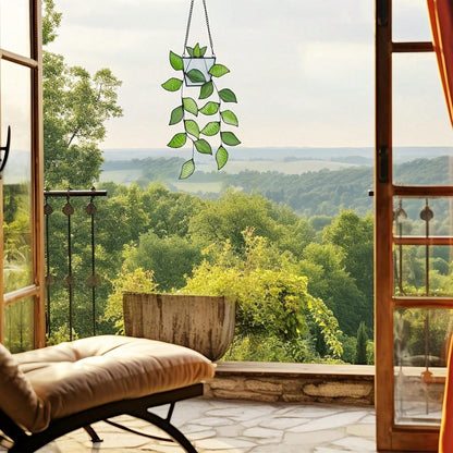 1pc Green Plant Window Suncatcher, Stained Glass Window Hanging, Handcrafted Faux Plant Stained Glass Panel Sun Catcher For Plant Lovers, Unique Home Indoor&Outdoor Decor