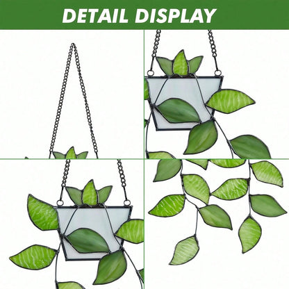 1pc Green Plant Window Suncatcher, Stained Glass Window Hanging, Handcrafted Faux Plant Stained Glass Panel Sun Catcher For Plant Lovers, Unique Home Indoor&Outdoor Decor