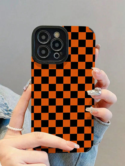 1pc Halloween Limited Orange & Black Checkerboard Pattern Shockproof Phone Case, Daily Protection Essential, Fashion Style, Perfect Gift For Friends, Family, Etc., For IPhone17/17Air/17Pro/17ProMax/IP