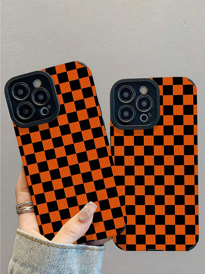 1pc Halloween Limited Orange & Black Checkerboard Pattern Shockproof Phone Case, Daily Protection Essential, Fashion Style, Perfect Gift For Friends, Family, Etc., For IPhone17/17Air/17Pro/17ProMax/IP