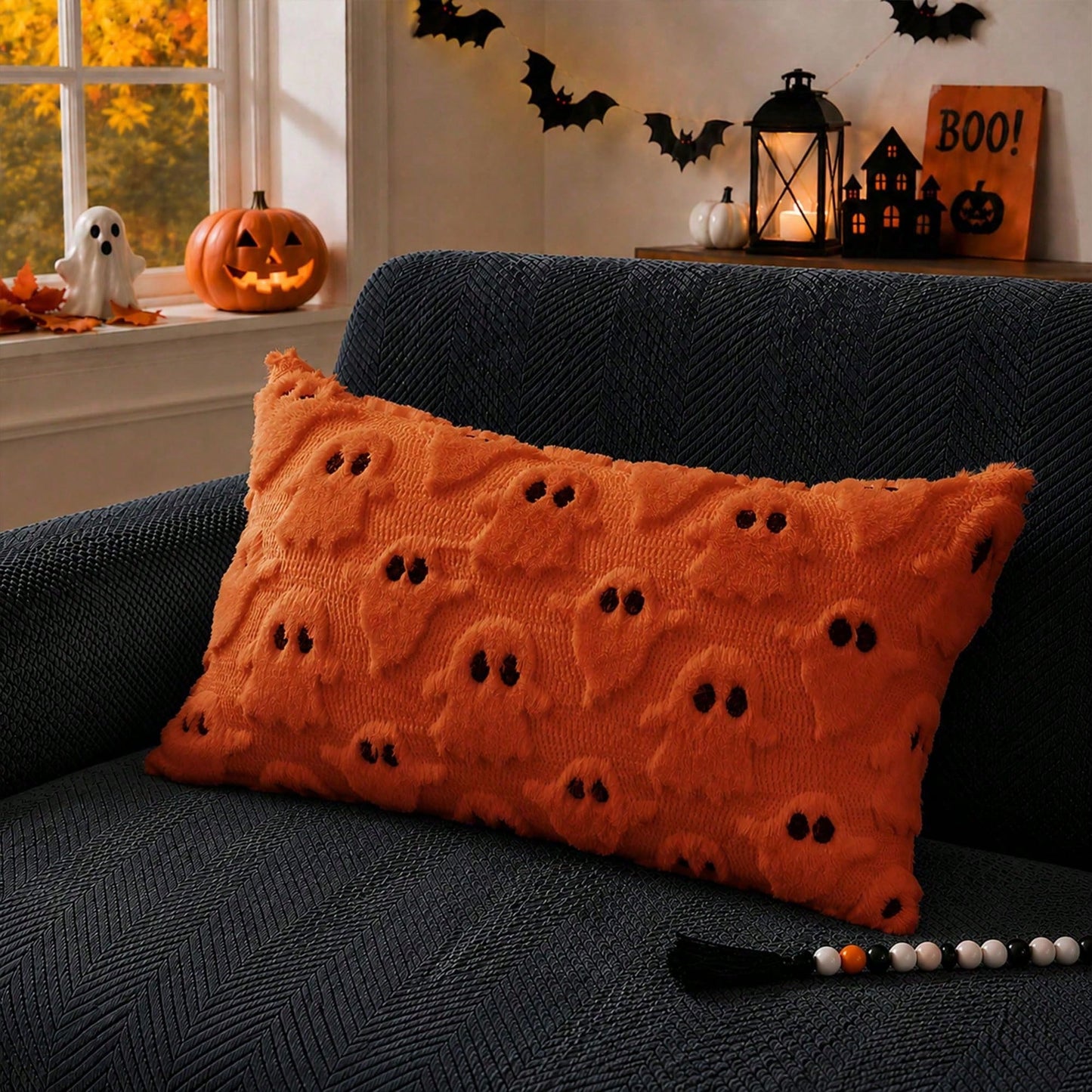 1Pc Halloween Pillow Covers 12x20 Inch Ghost Decor Beige Halloween Lumbar Pillow Covers Decorative For Halloween Home Decor For Sofa