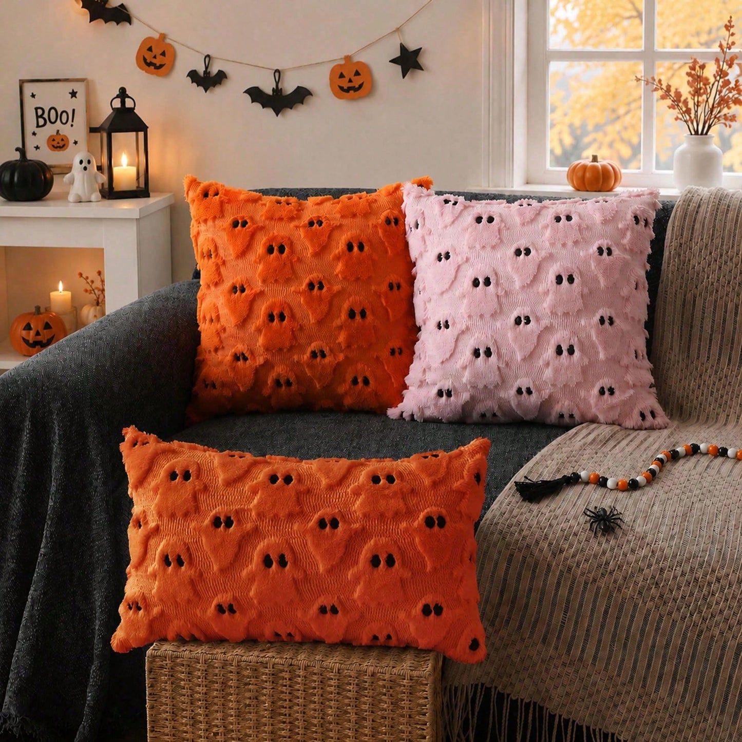 1Pc Halloween Pillow Covers 12x20 Inch Ghost Decor Beige Halloween Lumbar Pillow Covers Decorative For Halloween Home Decor For Sofa