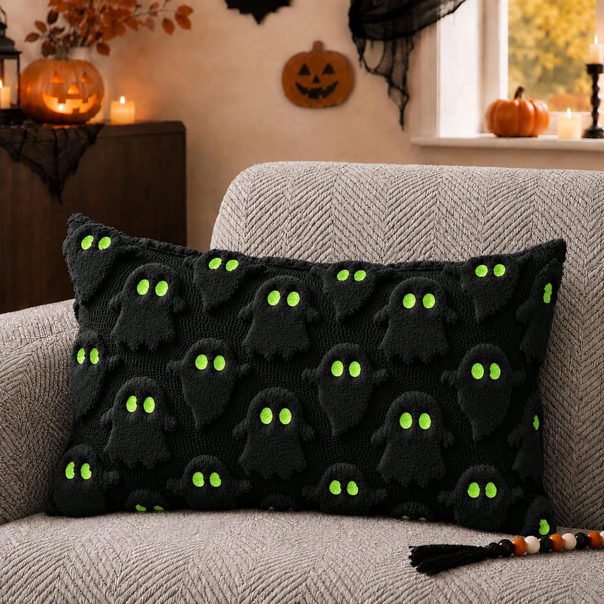 1Pc Halloween Pillow Covers 12x20 Inch Ghost Decor Beige Halloween Lumbar Pillow Covers Decorative For Halloween Home Decor For Sofa