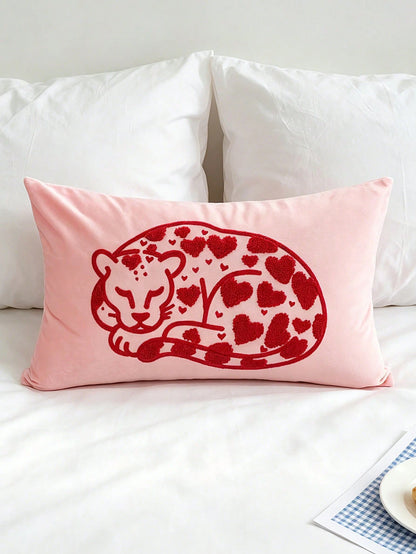 1pc Heart Leopard Decorative Pillow Cover, Soft & Breathable, Embroidered Craftsmanship, Without Pillow Insert, 17.7*17.7 Inches (45*45cm), Suitable For Dorm, Bedroom, Sofa, Bed, Great Gift For Loved