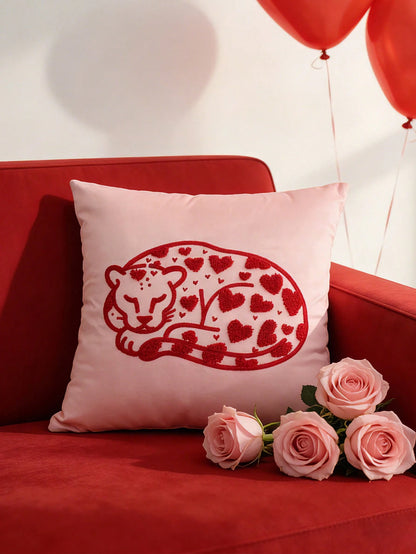 1pc Heart Leopard Decorative Pillow Cover, Soft & Breathable, Embroidered Craftsmanship, Without Pillow Insert, 17.7*17.7 Inches (45*45cm), Suitable For Dorm, Bedroom, Sofa, Bed, Great Gift For Loved
