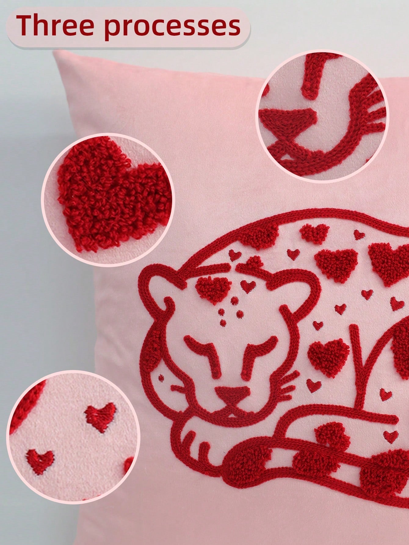 1pc Heart Leopard Decorative Pillow Cover, Soft & Breathable, Embroidered Craftsmanship, Without Pillow Insert, 17.7*17.7 Inches (45*45cm), Suitable For Dorm, Bedroom, Sofa, Bed, Great Gift For Loved