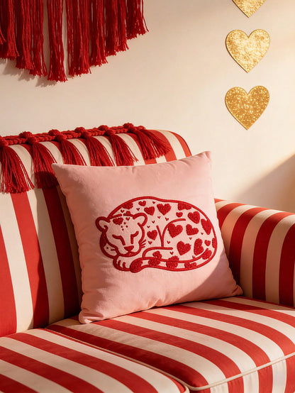 1pc Heart Leopard Decorative Pillow Cover, Soft & Breathable, Embroidered Craftsmanship, Without Pillow Insert, 17.7*17.7 Inches (45*45cm), Suitable For Dorm, Bedroom, Sofa, Bed, Great Gift For Loved