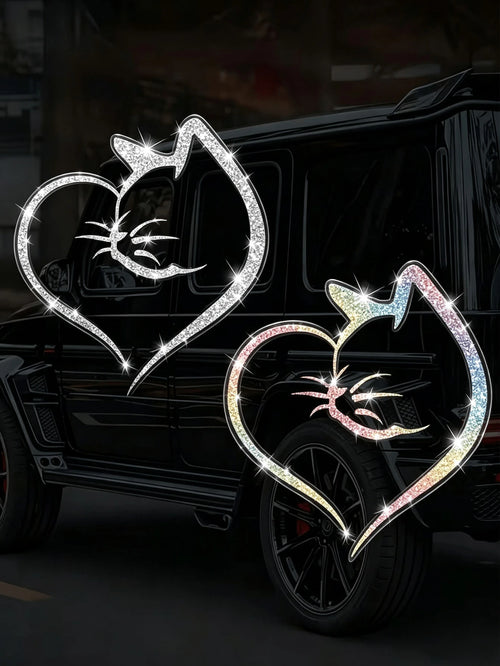 1pc Heart-Shaped Cat Sticker, Shiny Reflective Decorative Decal, Suitable For Car Doors, Car Rear And Car Windows; Motorcycle Sticker; Laptop Sticker; Luggage/Trolley Bag Fashion Decorative Sticker