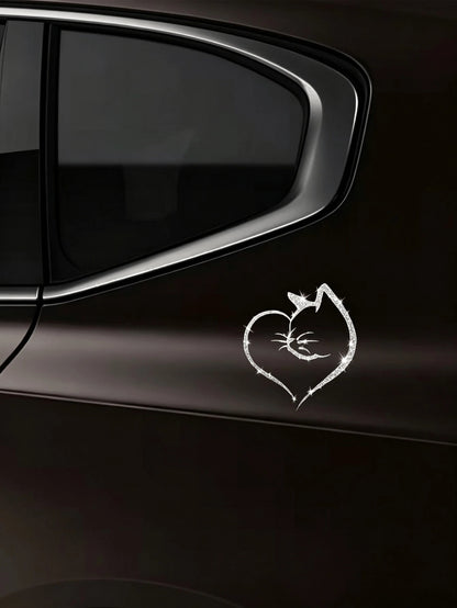1pc Heart-Shaped Cat Sticker, Shiny Reflective Decorative Decal, Suitable For Car Doors, Car Rear And Car Windows; Motorcycle Sticker; Laptop Sticker; Luggage/Trolley Bag Fashion Decorative Sticker