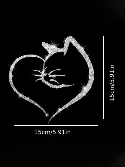 1pc Heart-Shaped Cat Sticker, Shiny Reflective Decorative Decal, Suitable For Car Doors, Car Rear And Car Windows; Motorcycle Sticker; Laptop Sticker; Luggage/Trolley Bag Fashion Decorative Sticker