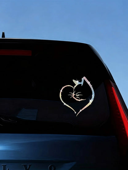 1pc Heart-Shaped Cat Sticker, Shiny Reflective Decorative Decal, Suitable For Car Doors, Car Rear And Car Windows; Motorcycle Sticker; Laptop Sticker; Luggage/Trolley Bag Fashion Decorative Sticker
