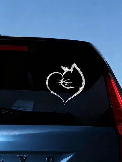 1pc Heart-Shaped Cat Sticker, Shiny Reflective Decorative Decal, Suitable For Car Doors, Car Rear And Car Windows; Motorcycle Sticker; Laptop Sticker; Luggage/Trolley Bag Fashion Decorative Sticker
