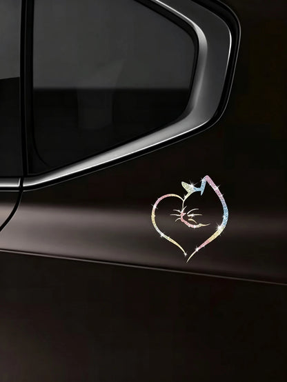 1pc Heart-Shaped Cat Sticker, Shiny Reflective Decorative Decal, Suitable For Car Doors, Car Rear And Car Windows; Motorcycle Sticker; Laptop Sticker; Luggage/Trolley Bag Fashion Decorative Sticker