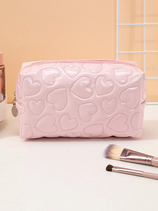 1pc Heart-Shaped Shiny PU Leather Pink Makeup Bag,Pouch,Makeup Pouch,Travel Essential