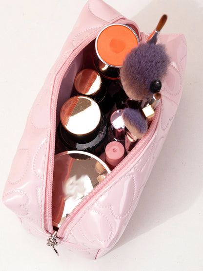 1pc Heart-Shaped Shiny PU Leather Pink Makeup Bag,Pouch,Makeup Pouch,Travel Essential