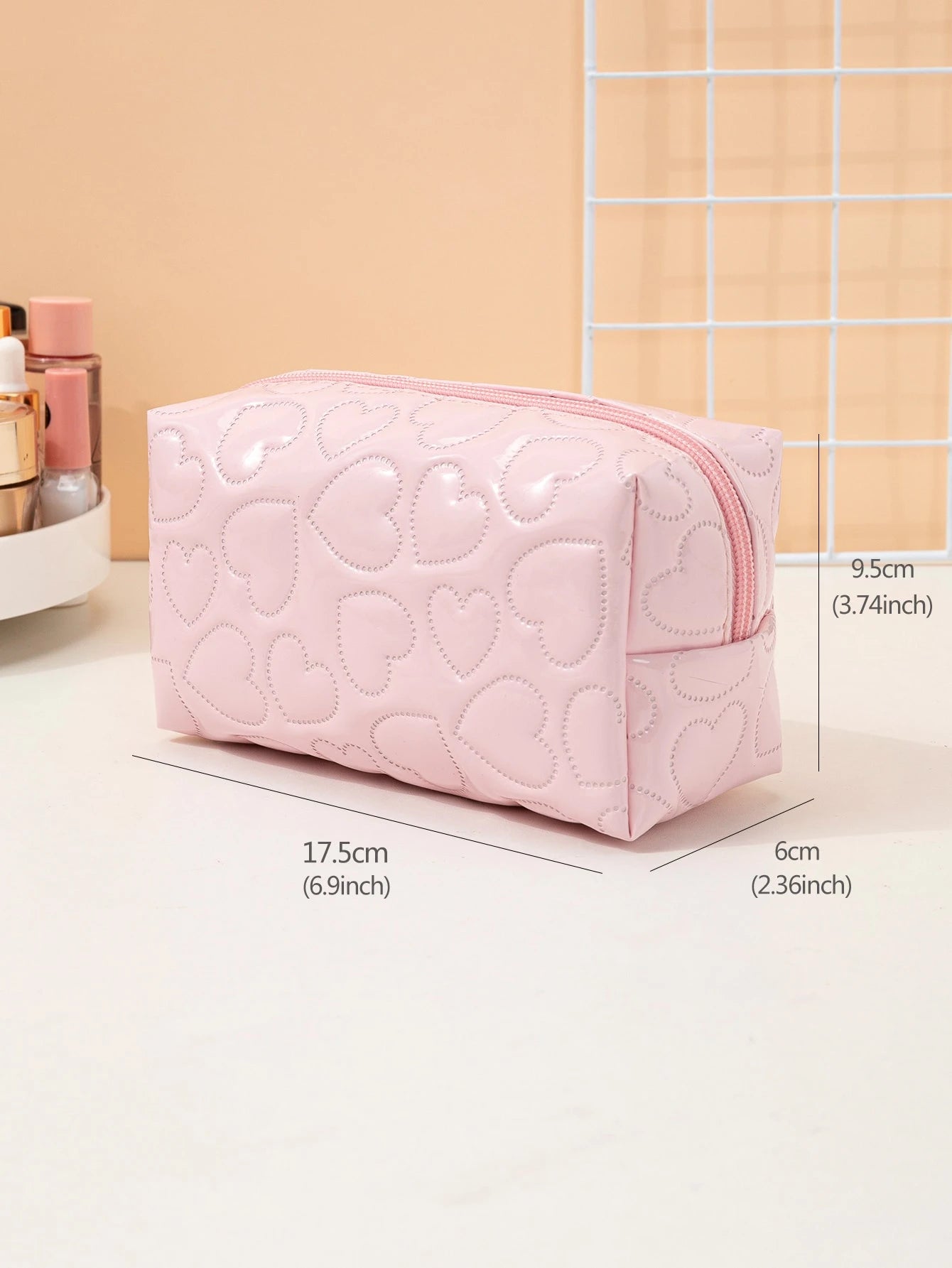 1pc Heart-Shaped Shiny PU Leather Pink Makeup Bag,Pouch,Makeup Pouch,Travel Essential