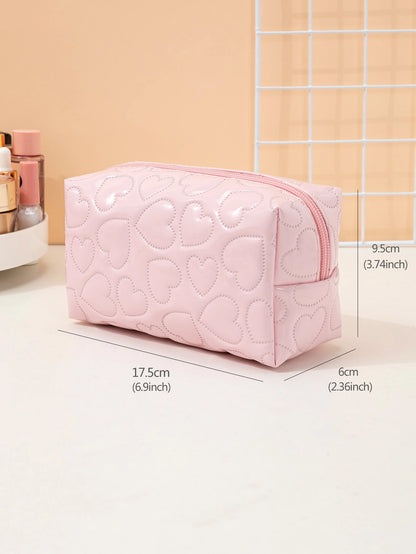 1pc Heart-Shaped Shiny PU Leather Pink Makeup Bag,Pouch,Makeup Pouch,Travel Essential