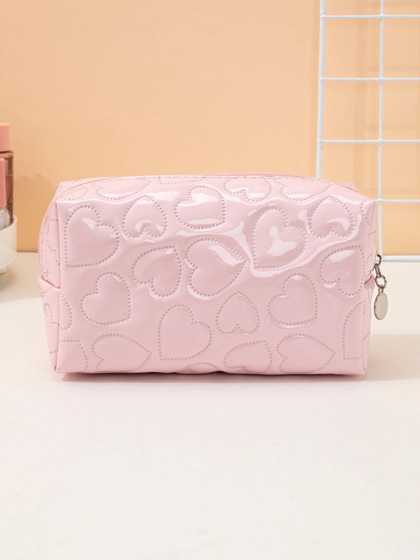 1pc Heart-Shaped Shiny PU Leather Pink Makeup Bag,Pouch,Makeup Pouch,Travel Essential