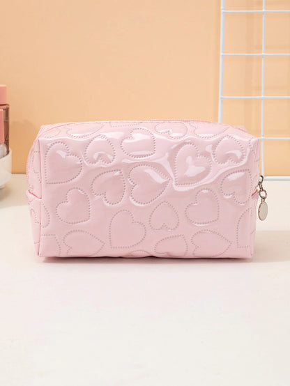 1pc Heart-Shaped Shiny PU Leather Pink Makeup Bag,Pouch,Makeup Pouch,Travel Essential