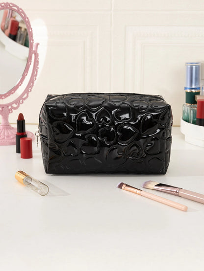 1pc Heart-Shaped Shiny PU Leather Pink Makeup Bag,Pouch,Makeup Pouch,Travel Essential