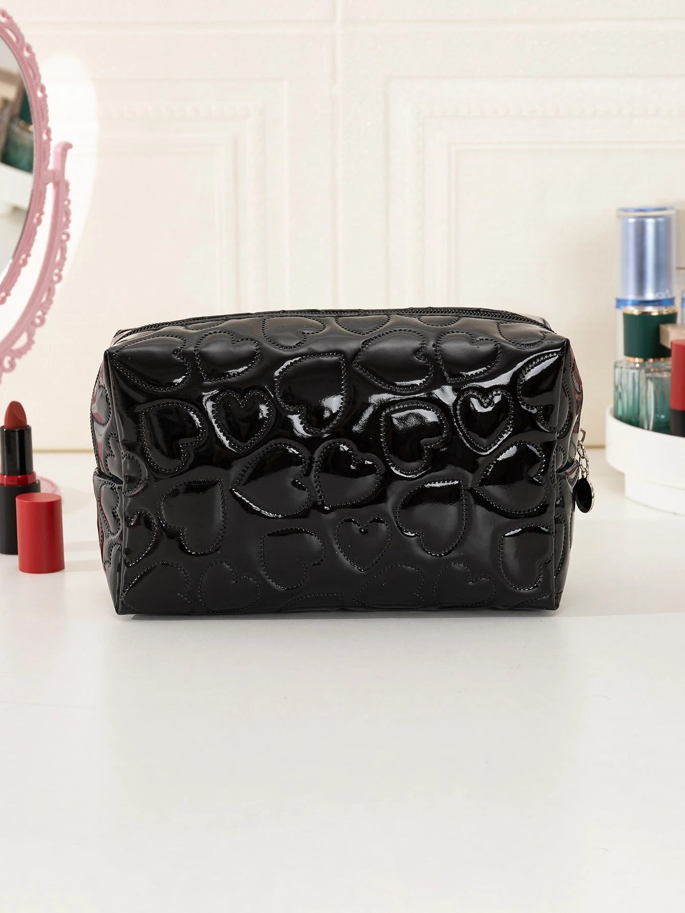 1pc Heart-Shaped Shiny PU Leather Pink Makeup Bag,Pouch,Makeup Pouch,Travel Essential