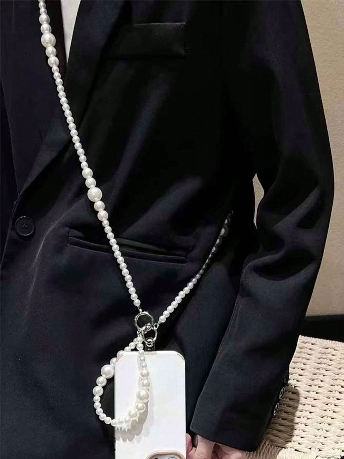1pc High-Gloss Pearl White Minimalist Detachable Long & Short Size Pearl Beaded Lanyard, Women's Halter Neck Crossbody Shoulder Bag Chain, Premium Fashion Pearl Chain Handbag Strap, Compatible With Ph