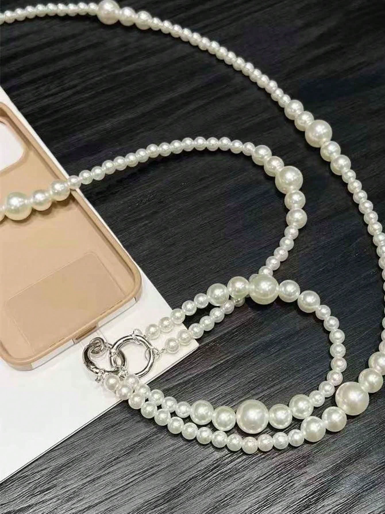1pc High-Gloss Pearl White Minimalist Detachable Long & Short Size Pearl Beaded Lanyard, Women's Halter Neck Crossbody Shoulder Bag Chain, Premium Fashion Pearl Chain Handbag Strap, Compatible With Ph