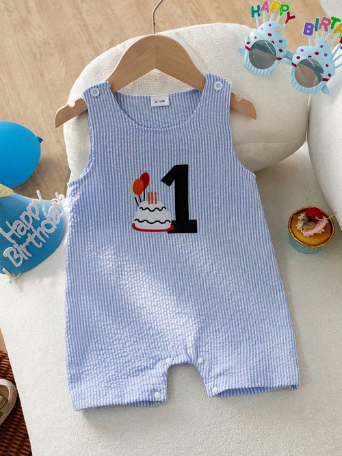 1pc Infant Baby Boy Sleeveless Romper, Blue & White Striped, Embroidered With Number "1", Birthday Cake & Balloon Cartoon Patterns, Snap Buttons On Shoulders And Bottom, Suitable For 0-2 Years Old, Cu