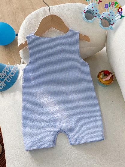1pc Infant Baby Boy Sleeveless Romper, Blue & White Striped, Embroidered With Number "1", Birthday Cake & Balloon Cartoon Patterns, Snap Buttons On Shoulders And Bottom, Suitable For 0-2 Years Old, Cu