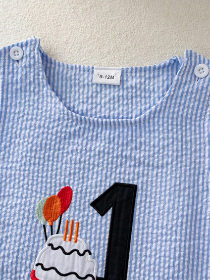1pc Infant Baby Boy Sleeveless Romper, Blue & White Striped, Embroidered With Number "1", Birthday Cake & Balloon Cartoon Patterns, Snap Buttons On Shoulders And Bottom, Suitable For 0-2 Years Old, Cu