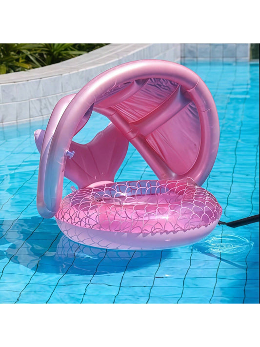 1pc Inflatable Mermaid Tail Swimming Ring For Kids, Pink, With Sunshade Umbrella, Suitable For Beach And Swimming Pool, Birthday Gift