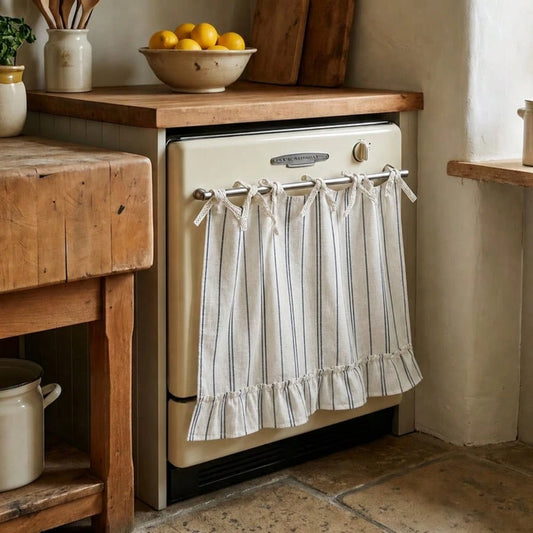 1pc Japanese Style Striped Ruffle Half Curtain Oven Curtain, No-Drill Tie-Up Sink Curtain Kitchen Cabinet Cover Decorative Fabric Curtain (Size 76*54cm)