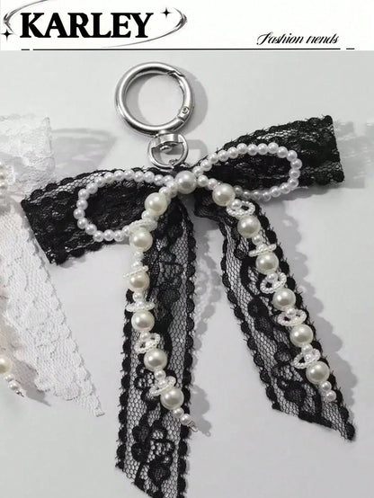 1pc Lace Bow & Pearl Keychain Wallet Pendant Y2K Beaded Bag Charm Shoe Decor Butterfly Ornament Backpack Decor Bows Keychain For Bag Car Accessories For Women