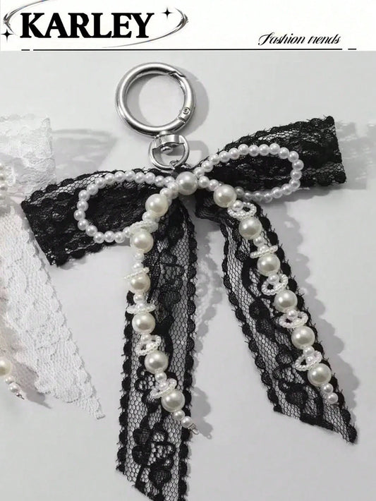 1pc Lace Bow & Pearl Keychain Wallet Pendant Y2K Beaded Bag Charm Shoe Decor Butterfly Ornament Backpack Decor Bows Keychain For Bag Car Accessories For Women