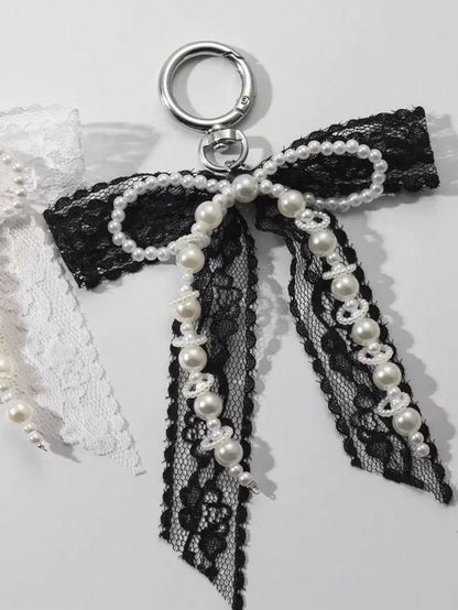 1pc Lace Bow & Pearl Keychain Wallet Pendant Y2K Beaded Bag Charm Shoe Decor Butterfly Ornament Backpack Decor Bows Keychain For Bag Car Accessories For Women