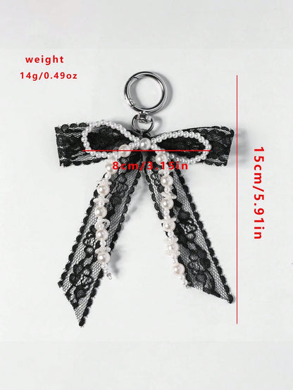 1pc Lace Bow & Pearl Keychain Wallet Pendant Y2K Beaded Bag Charm Shoe Decor Butterfly Ornament Backpack Decor Bows Keychain For Bag Car Accessories For Women