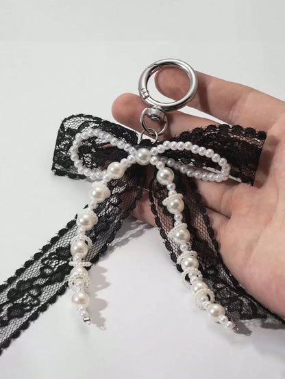 1pc Lace Bow & Pearl Keychain Wallet Pendant Y2K Beaded Bag Charm Shoe Decor Butterfly Ornament Backpack Decor Bows Keychain For Bag Car Accessories For Women