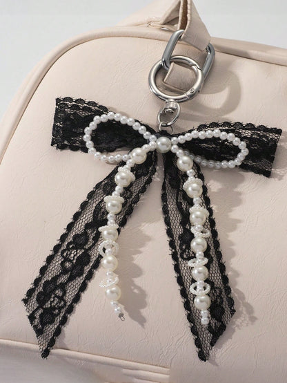 1pc Lace Bow & Pearl Keychain Wallet Pendant Y2K Beaded Bag Charm Shoe Decor Butterfly Ornament Backpack Decor Bows Keychain For Bag Car Accessories For Women