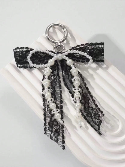 1pc Lace Bow & Pearl Keychain Wallet Pendant Y2K Beaded Bag Charm Shoe Decor Butterfly Ornament Backpack Decor Bows Keychain For Bag Car Accessories For Women