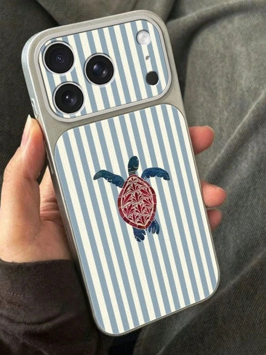 1pc Large Window Litchi Texture Striped Turtle Ocean Style Summer Fresh Color Minimalist Phone Case White Instant Litchi Texture Compatible With 13/14/15/16/17 PRO PROMAX PLUS Full Coverage Large Wind