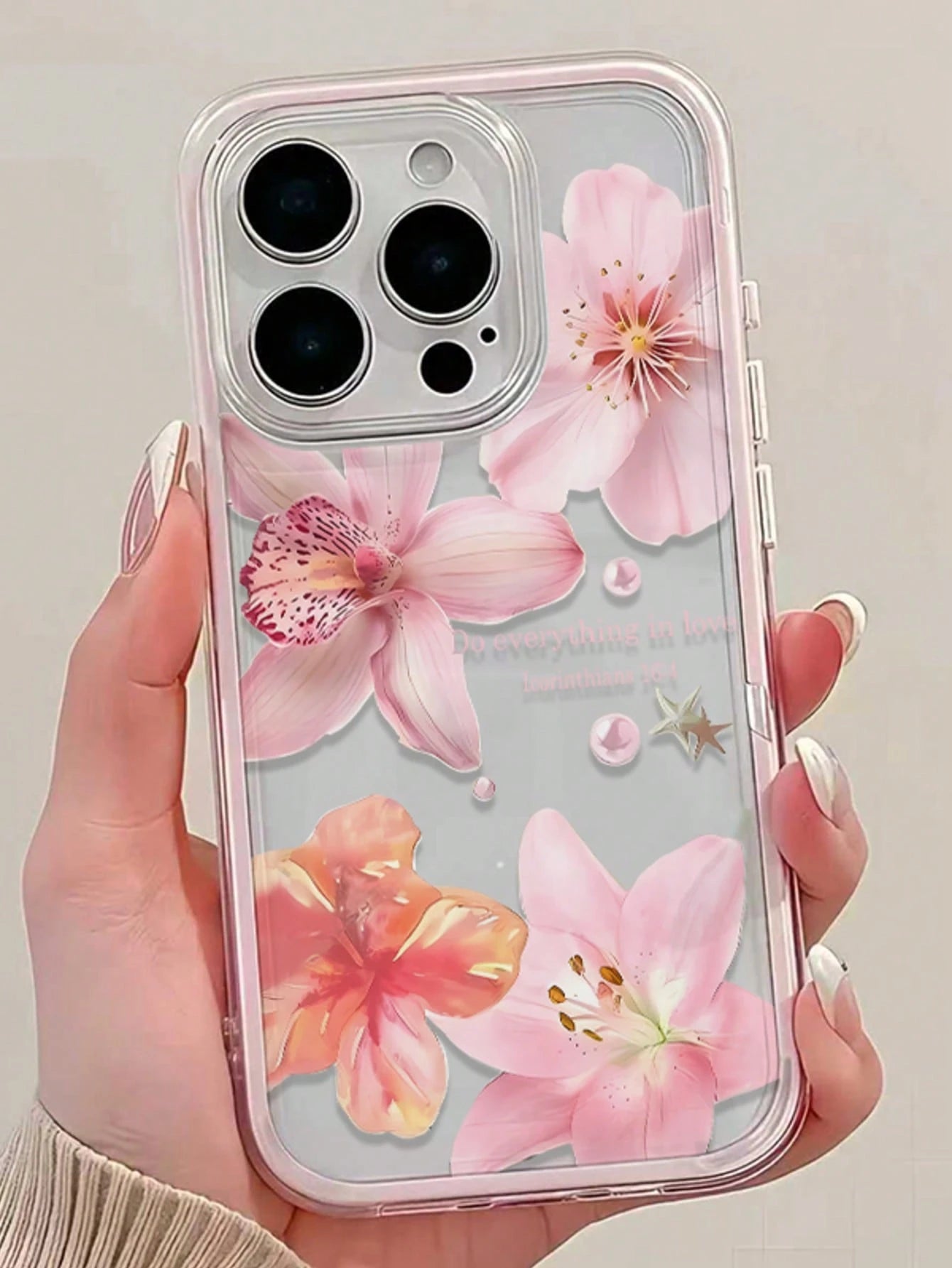 1pc Lily Flower English Text Pattern Pink Frame Shockproof Transparent Full Coverage TPU Phone Case Compatible With Iphone 11 12 13 14 15 16 17 Pro Max, A56/55/54/53/52/51, S26/25/24/23/22/21 Ultra, E