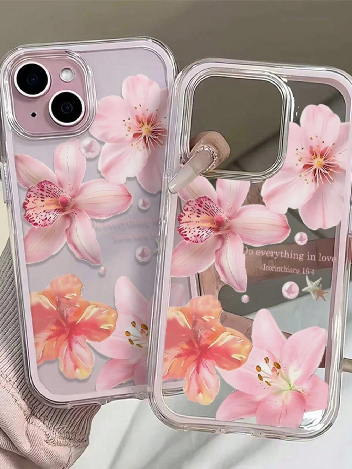 1pc Lily Flower English Text Pattern Pink Frame Shockproof Transparent Full Coverage TPU Phone Case Compatible With Iphone 11 12 13 14 15 16 17 Pro Max, A56/55/54/53/52/51, S26/25/24/23/22/21 Ultra, E