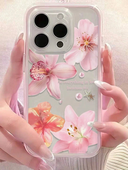 1pc Lily Flower English Text Pattern Pink Frame Shockproof Transparent Full Coverage TPU Phone Case Compatible With Iphone 11 12 13 14 15 16 17 Pro Max, A56/55/54/53/52/51, S26/25/24/23/22/21 Ultra, E